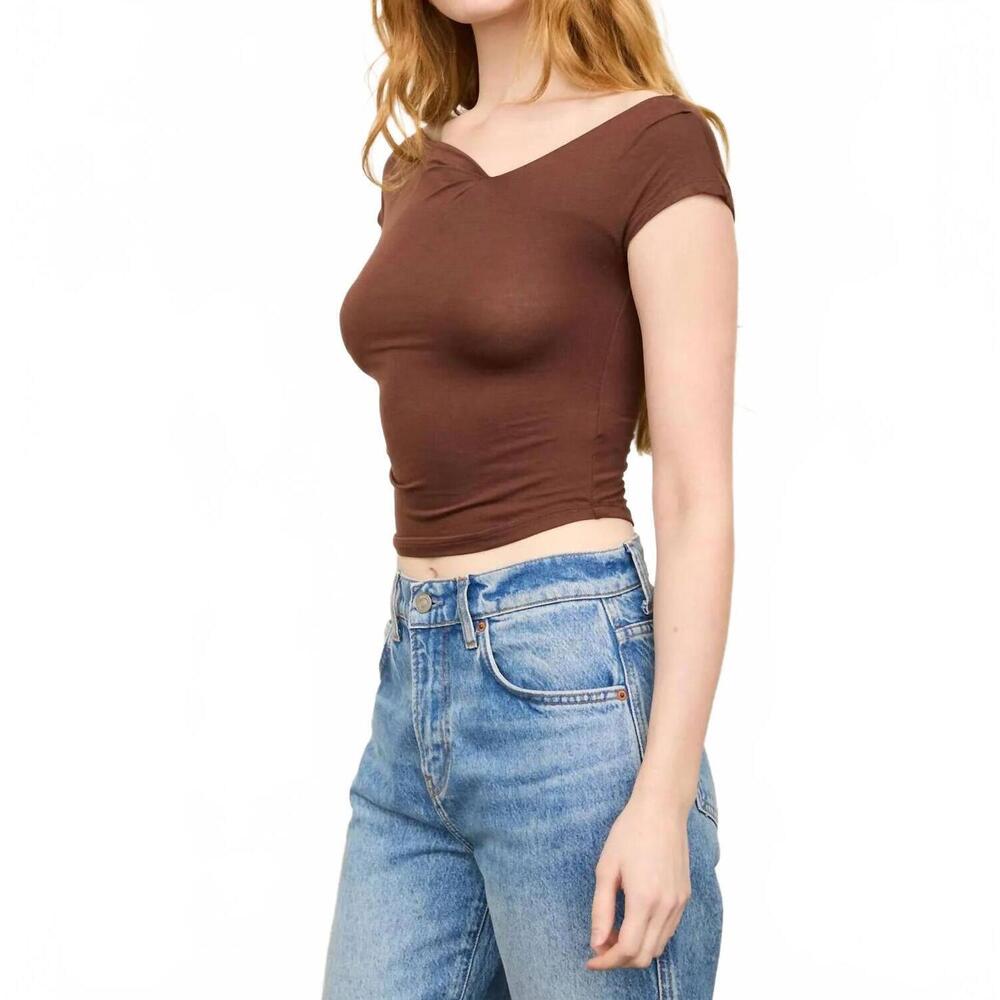 NEW THE WORKSHOP asymmetrical wrap neckline knit top in chocolate